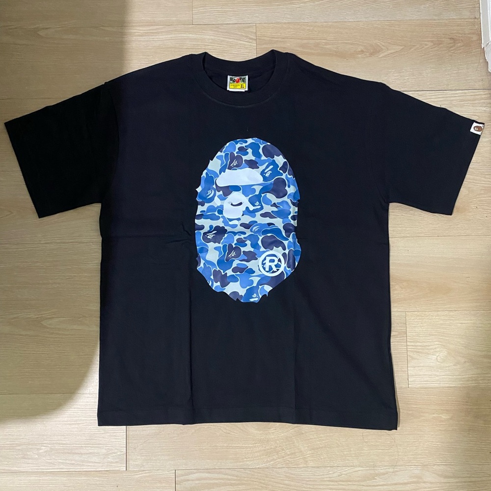 Bape Black Tee with Blue Camo Ape Head